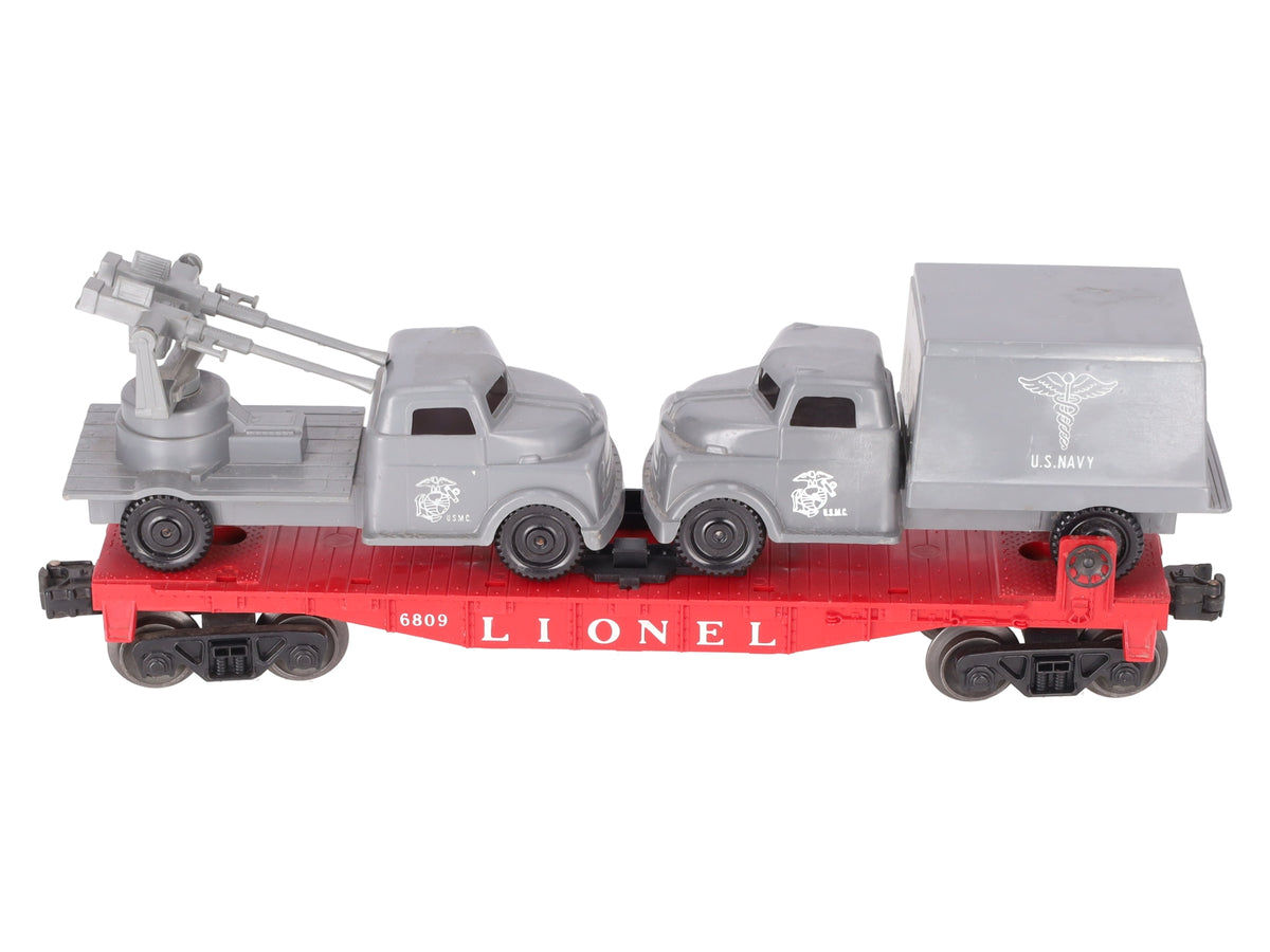Lionel 6809 Vintage O Flatcar w/REPRO USMC AA Gun Truck & Medical Box Truck VG