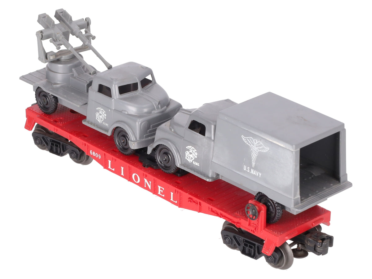 Lionel 6809 Vintage O Flatcar w/REPRO USMC AA Gun Truck & Medical Box Truck VG