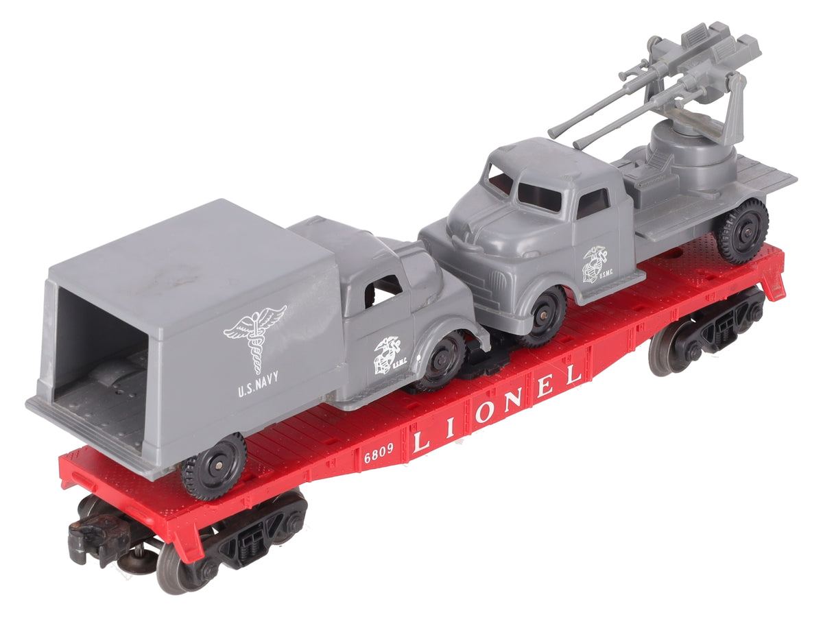 Lionel 6809 Vintage O Flatcar w/REPRO USMC AA Gun Truck & Medical Box Truck VG