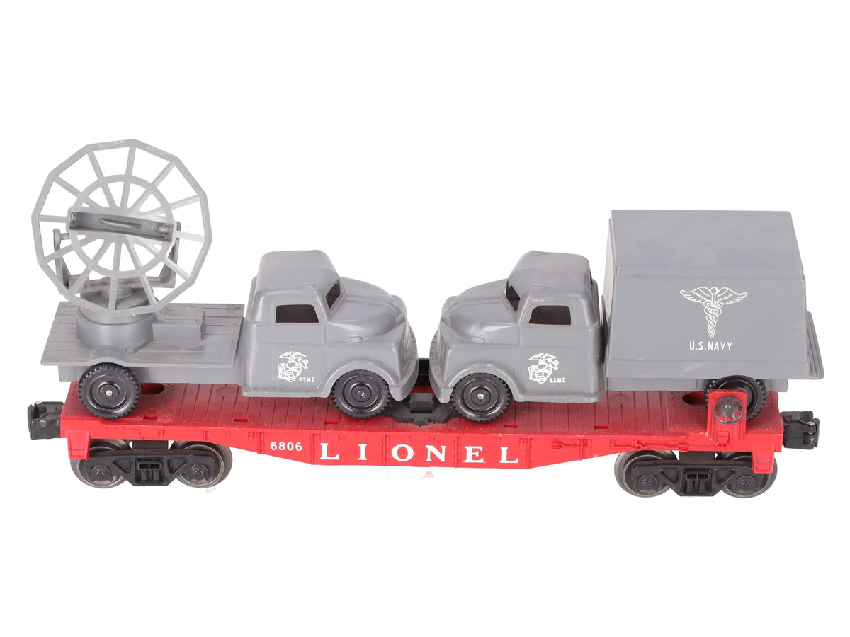 Lionel 6806 Vintage O Flatcar w/ Pyro USMC Tank & Medical Box Truck VG