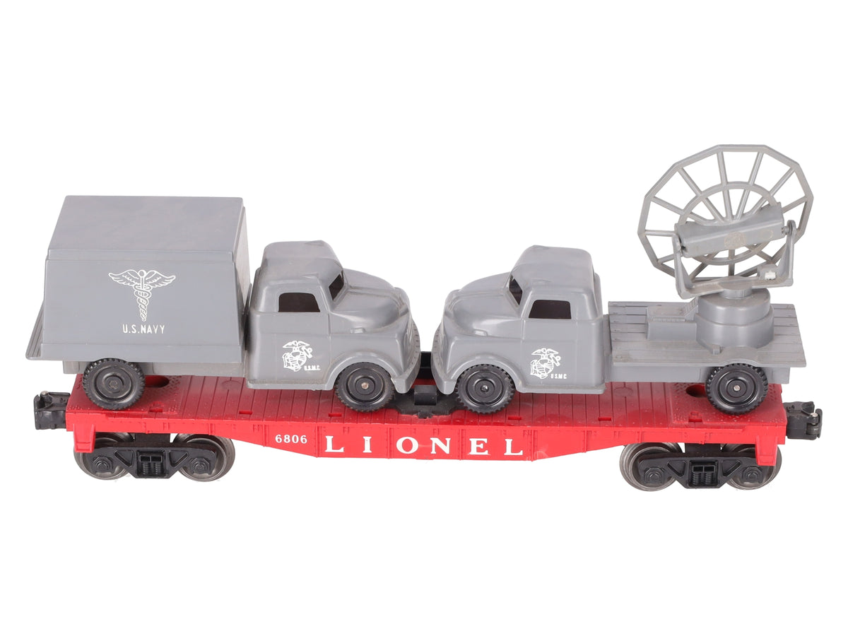 Lionel 6806 Vintage O Flatcar w/ Pyro USMC Tank & Medical Box Truck VG