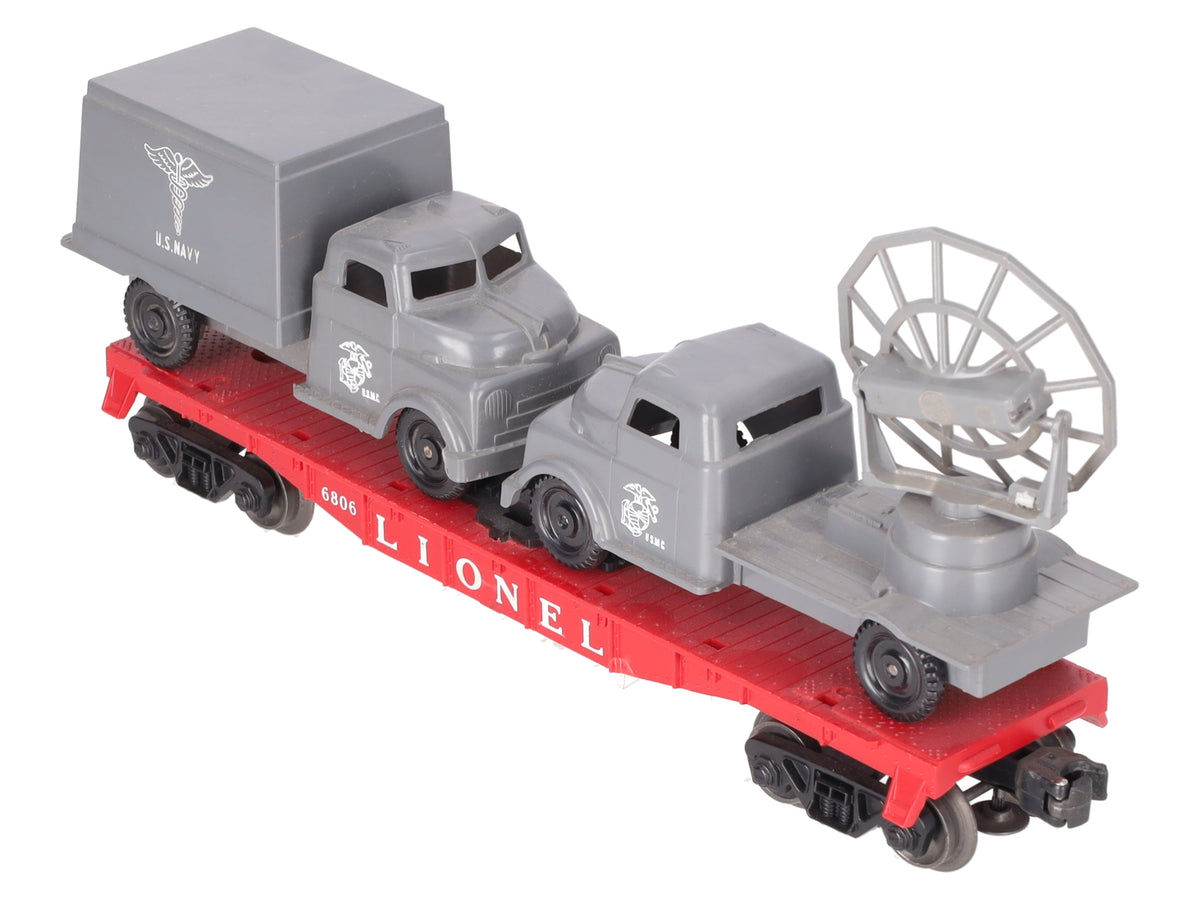 Lionel 6806 Vintage O Flatcar w/ Pyro USMC Tank & Medical Box Truck VG