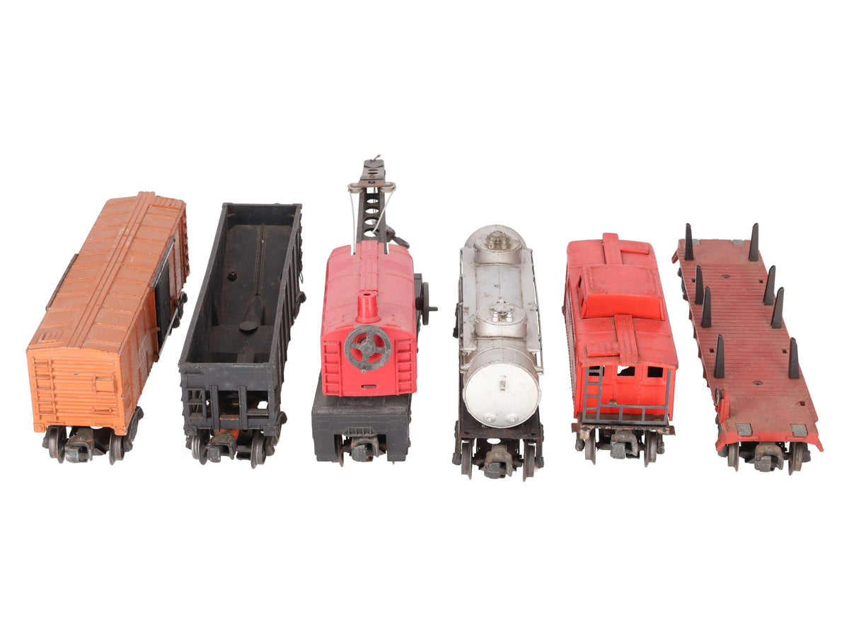 Lionel Vtg. O Assorted Freight Cars: X3464, 25000, 6511, 6465, 477618, 6560 [6] VG