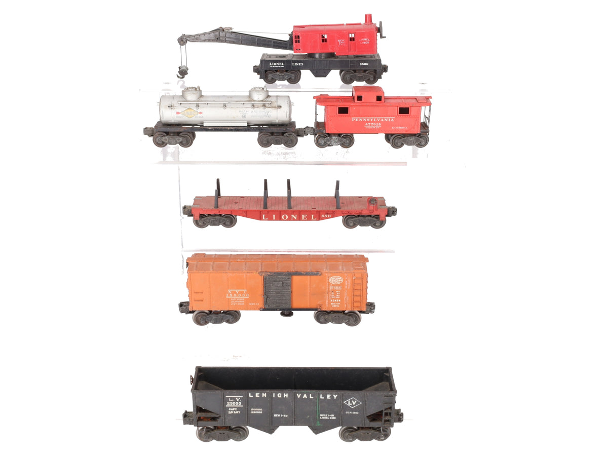 Lionel Vtg. O Assorted Freight Cars: X3464, 25000, 6511, 6465, 477618, 6560 [6] VG