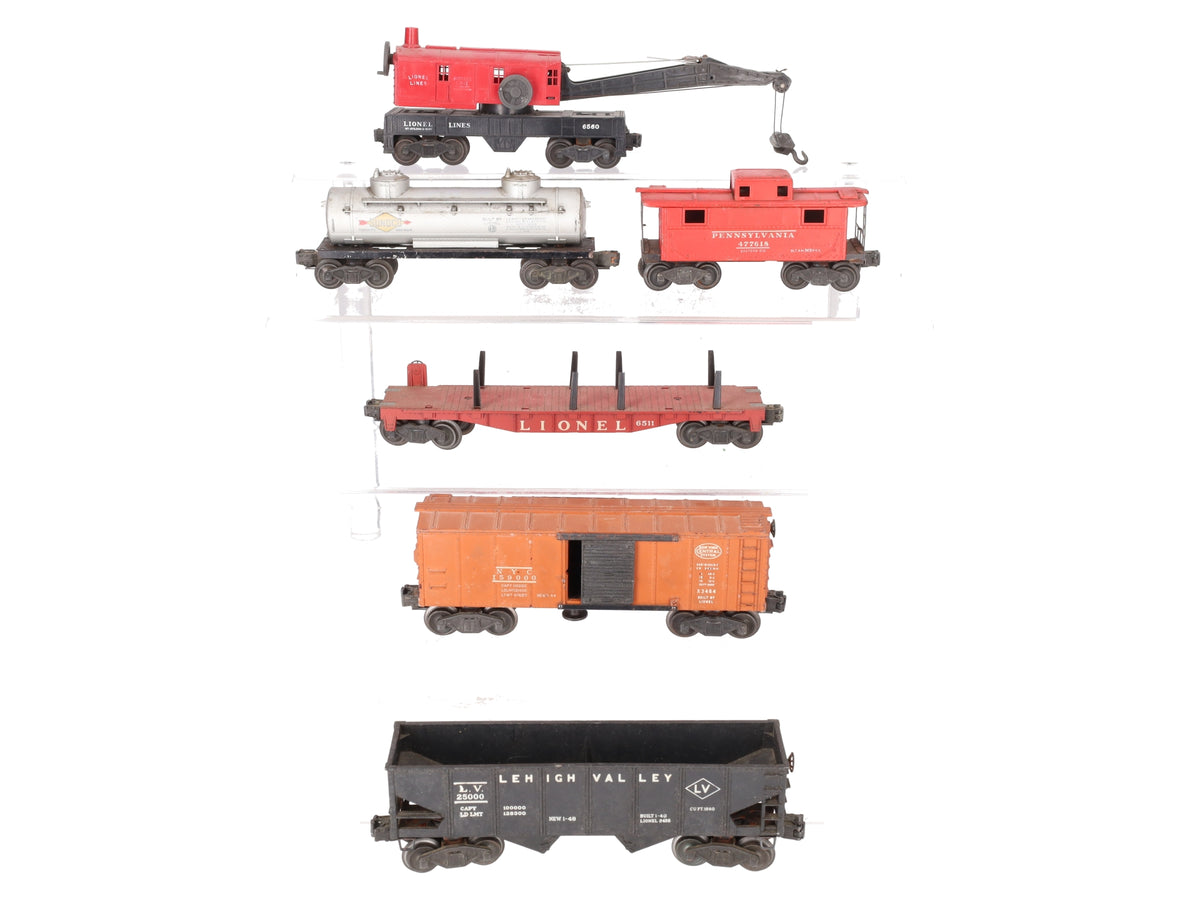 Lionel Vtg. O Assorted Freight Cars: X3464, 25000, 6511, 6465, 477618, 6560 [6] VG