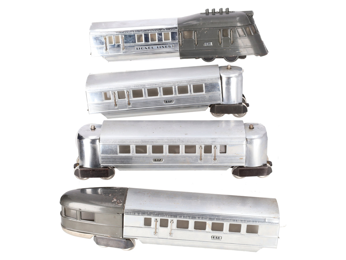 Lionel 616 O Prewar Flying Yankee Passenger Set (616, 617, 617, 618) Type III VG