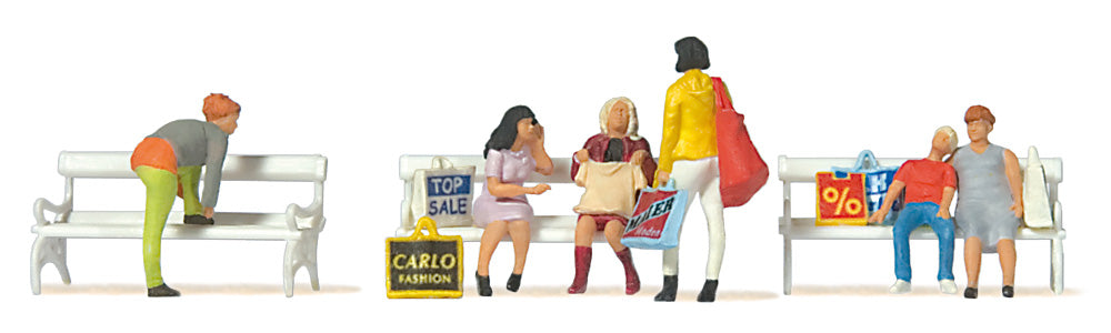 Preiser 10738 HO Shopping People On Park Bench Figures (Set of 6)