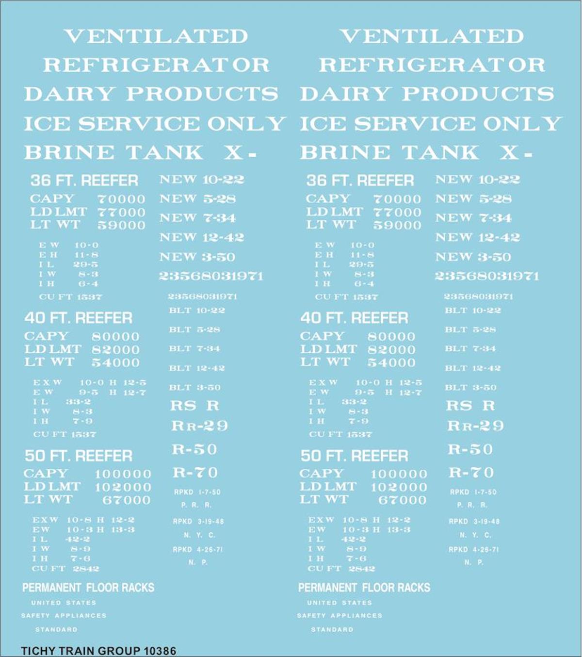 Tichy 10386 HO Reefer Data Railroad White 36'' 40'' 50'' Decal Set