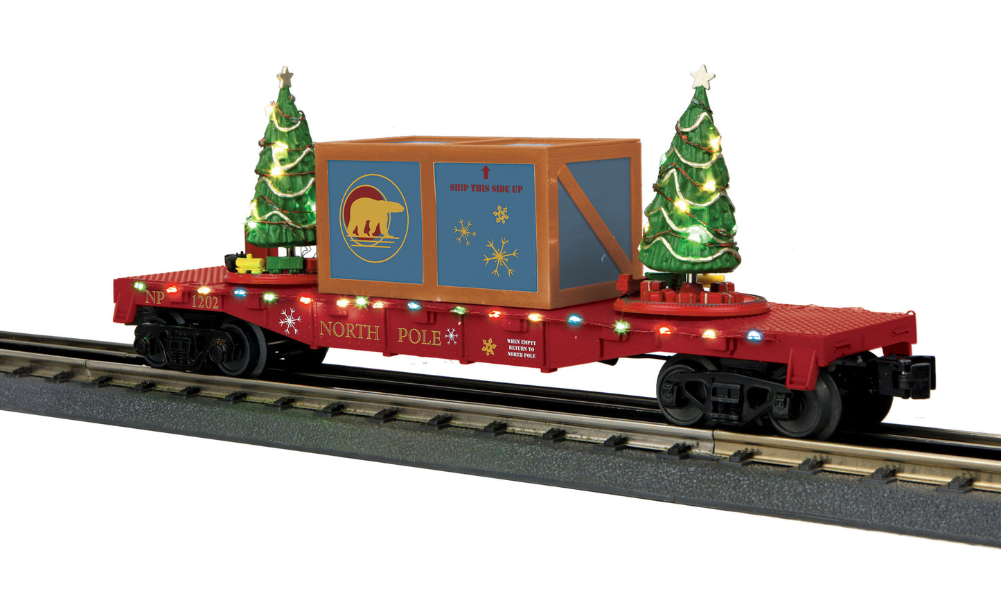 MTH 30-76825 O North Pole Flatcar with Lighted Christmas Trees NIB