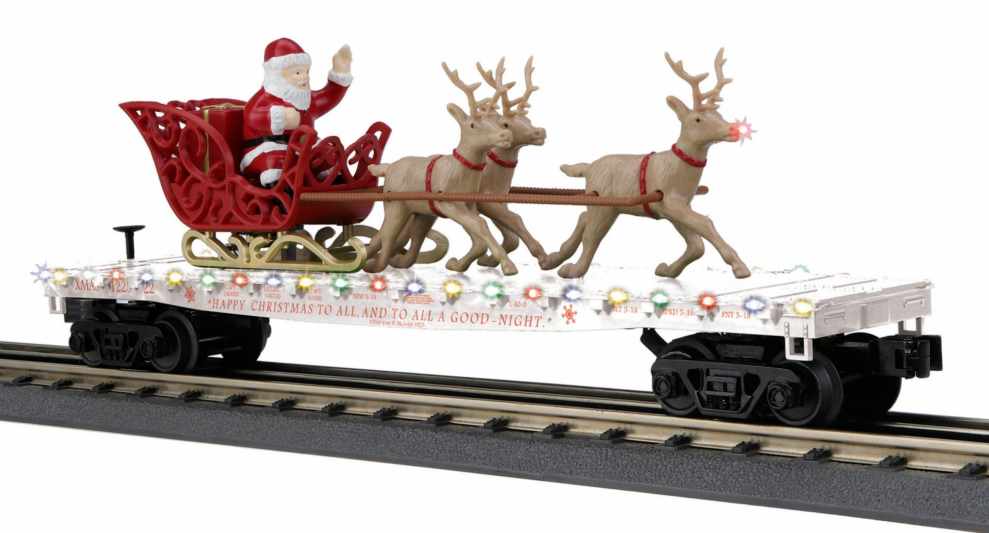 MTH 30-76862 O Christmas Flatcar with LED, Santa Sleigh and Reindeer #122522