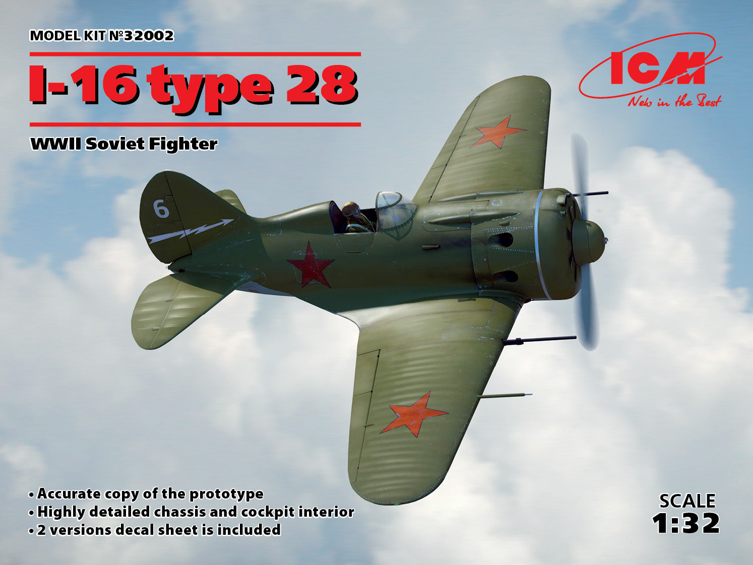 ICM 32002 1:32 WWII Soviet I-16 Type 28 Fighter Military Aircraft Plane Kit