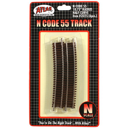 Atlas 2025 N Code 55 Nickel Silver 18.75" Radius 1/2 Curve Track (Pack of 6)