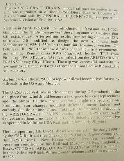 Aristo-Craft 22112 New York Central U25B Diesel Locomotive #2504 EX/Box