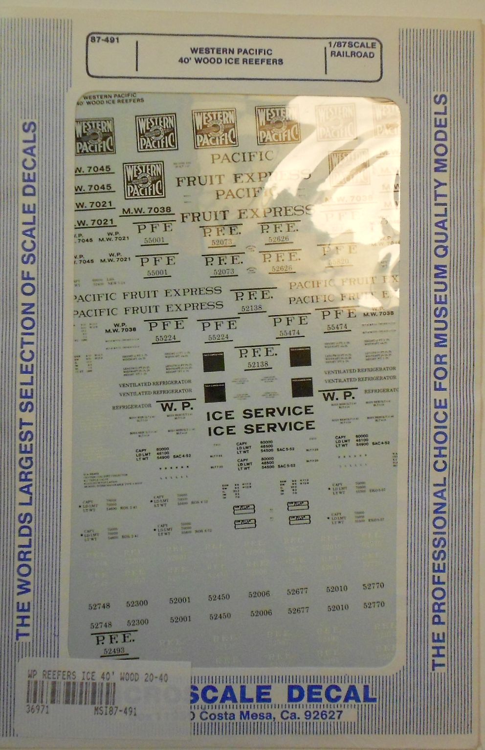 Microscale 87-491 HO Western Pacific 40' Wooden Reefers Decal Sheet