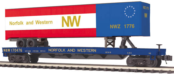 MTH 20-98928 O Norfolk & Western Flat Car w/48' Trailer LN/Box