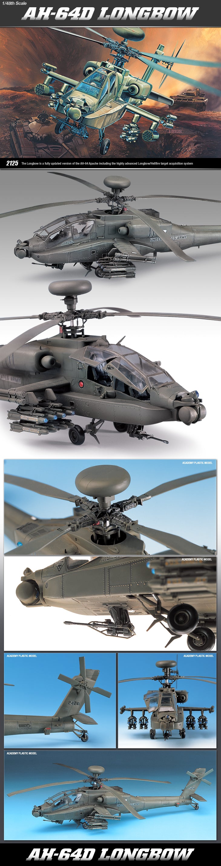 Academy 12268 1:48 AH-64D Apache US Military Aircraft Helicopter Model Kit