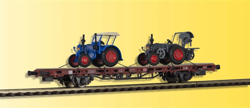 Kibri 26252 HO Flatcar w/2 Lanz Bulldog Tractor Load - Ready to Run