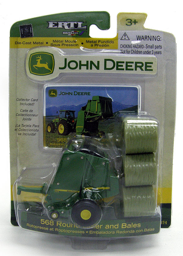 Ertl 15974 1:64 Scale John Deere 568 Round Baler W/6 Bales & Collector Card