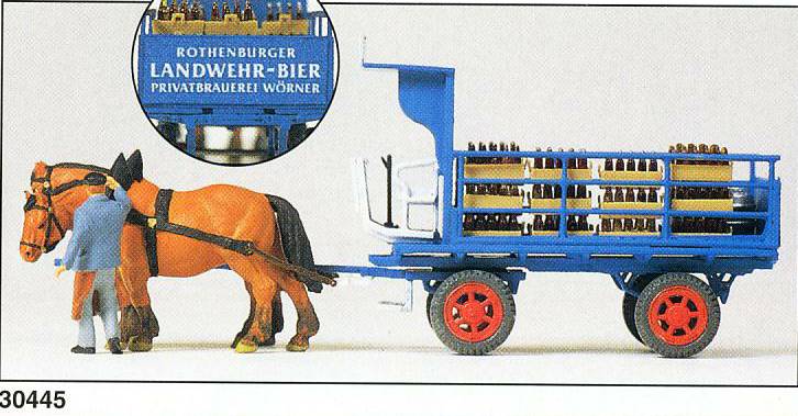 Preiser 30445 HO Beer Wagon "Landwehr-Bier" Drawn by Horses w/Figure