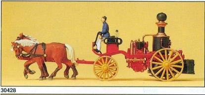 Preiser 30428 HO Horse Drawn Steam Fire Engine Wagon with Fire Man Figure
