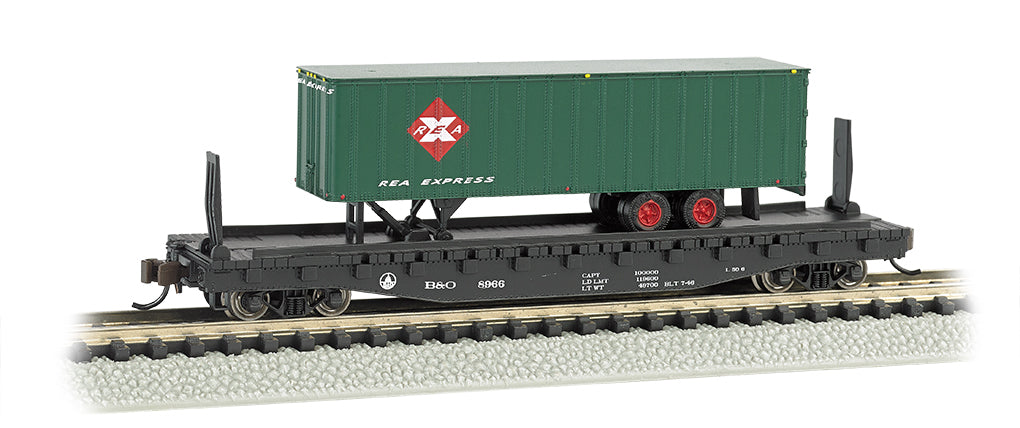 Bachmann 16752 N Baltimore and Ohio 52' Flat Car with REA 35' Trailer NIB