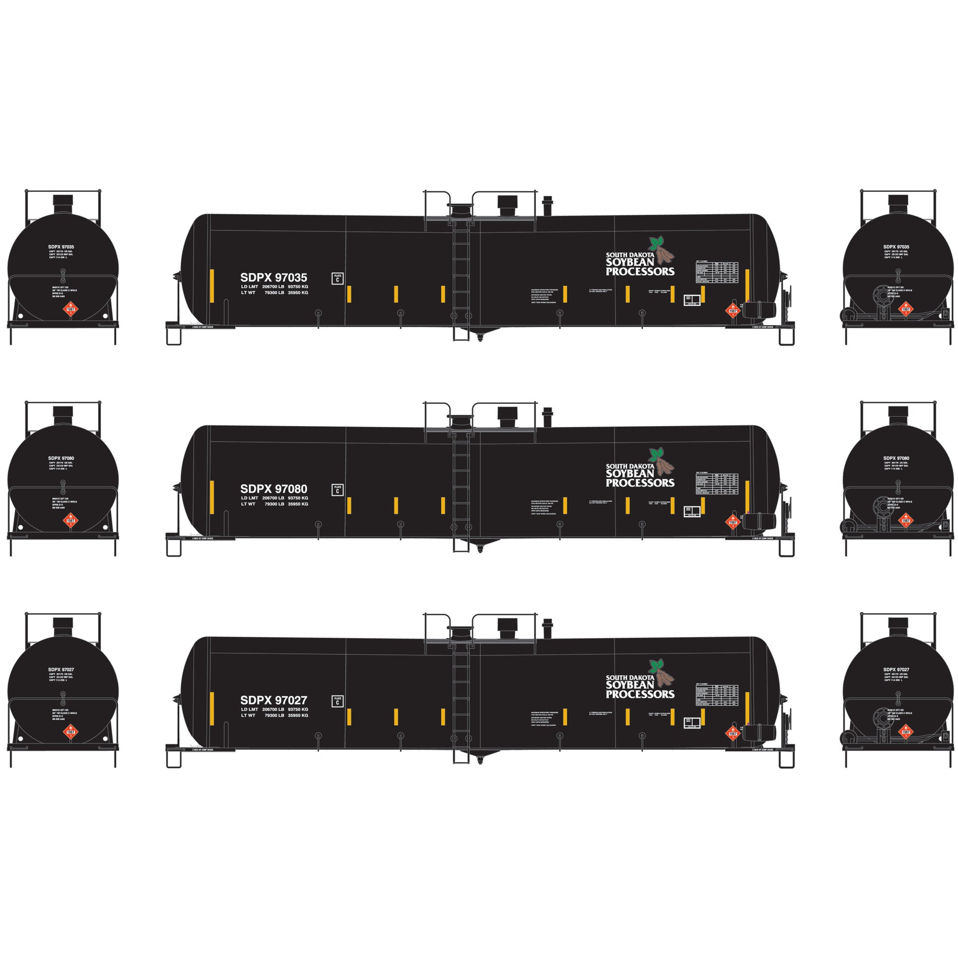 Athearn 97648 HO SDPX 30,000-Gallon Ethanol Tank #3 (Set of 3)