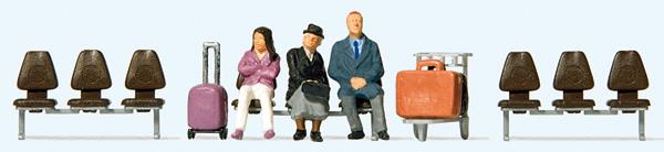 Preiser 10661 HO Waiting Travelers Figures w/Luggage Cart & Seat Rows (Set of 3)