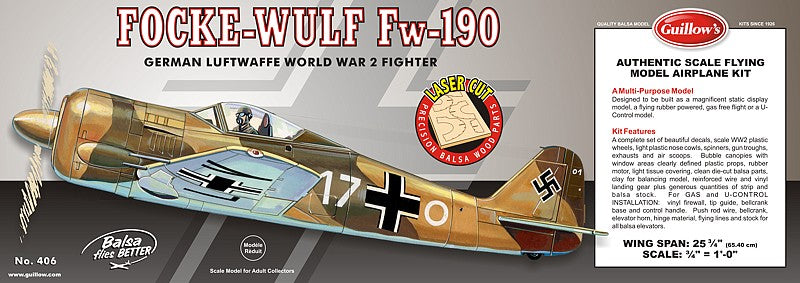Guillows 406 1:16 Focke-Wulf Fw-190 25-3/4" Wingspan Laser Cut Plane Kit