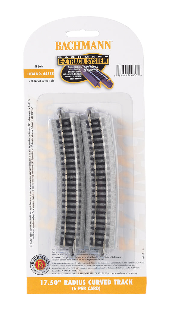 Bachmann 44855 N Nickel Silver 17.50" Radius Curved E-Z Track (Pack of 6)