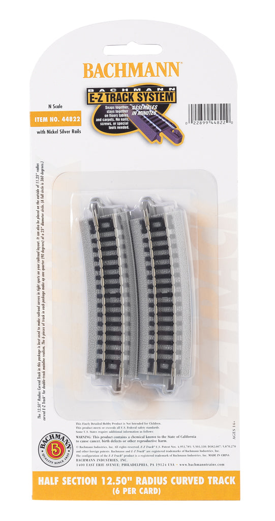 Bachmann 44822 N Nickel Silver Half Section 12.50" Radius Curved E-Z Track