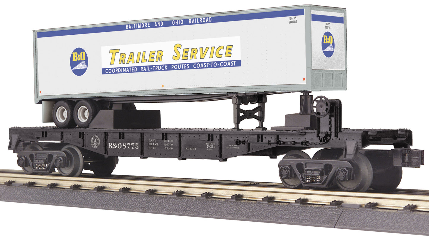 MTH 30-76609 O Baltimore & Ohio Flatcar w/ 40' Trailer 3-Rail RailKing #8775