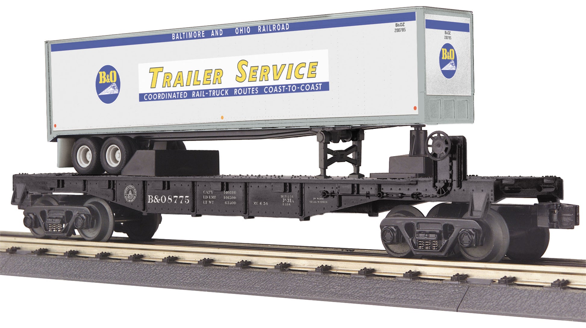 MTH 30-76609 O Baltimore & Ohio Flatcar w/ 40' Trailer 3-Rail RailKing #8775