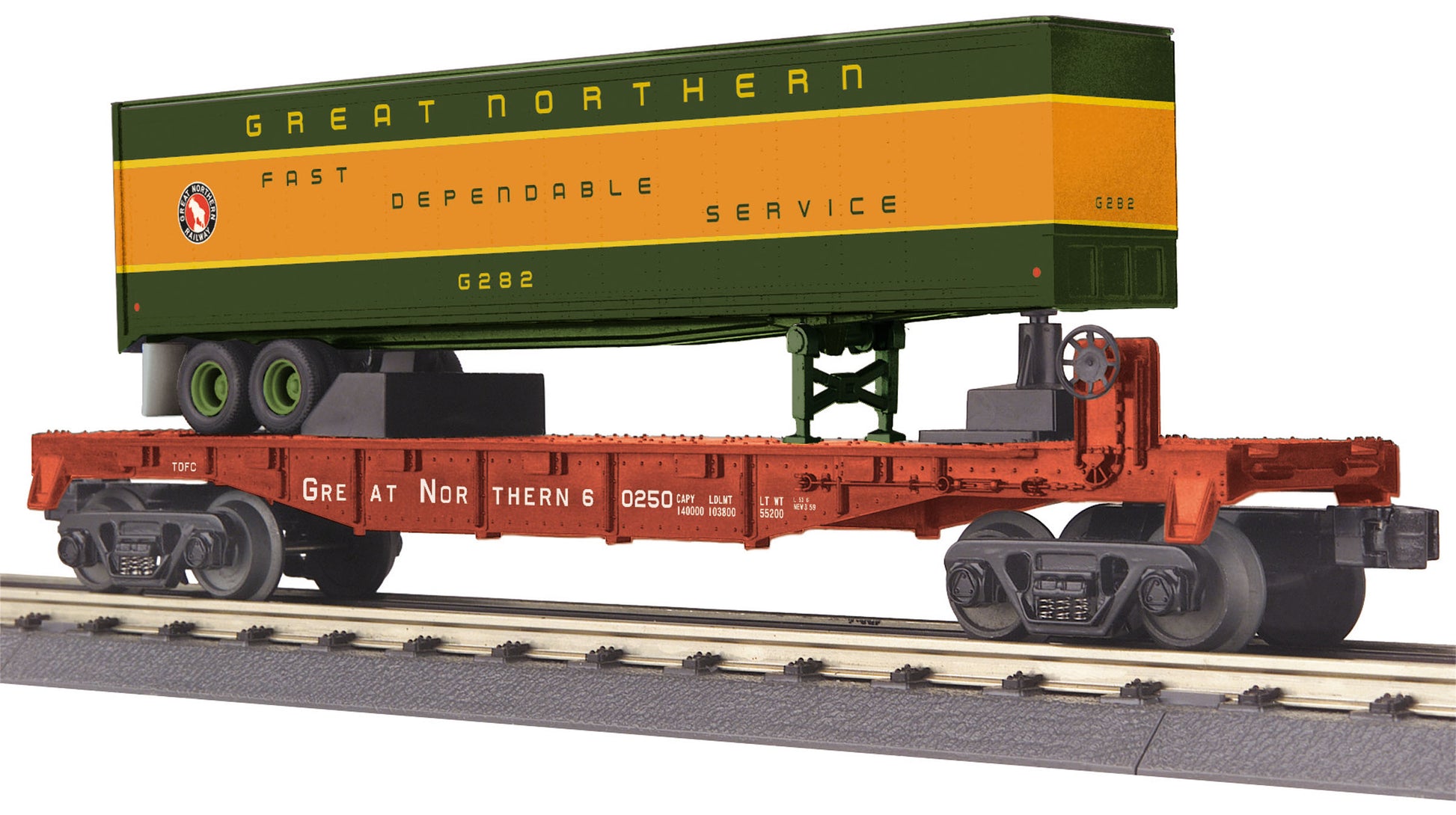 MTH 30-76612 O Great Northern Flatcar w/40' Trailer - 3-Rail - RailKing® #60250