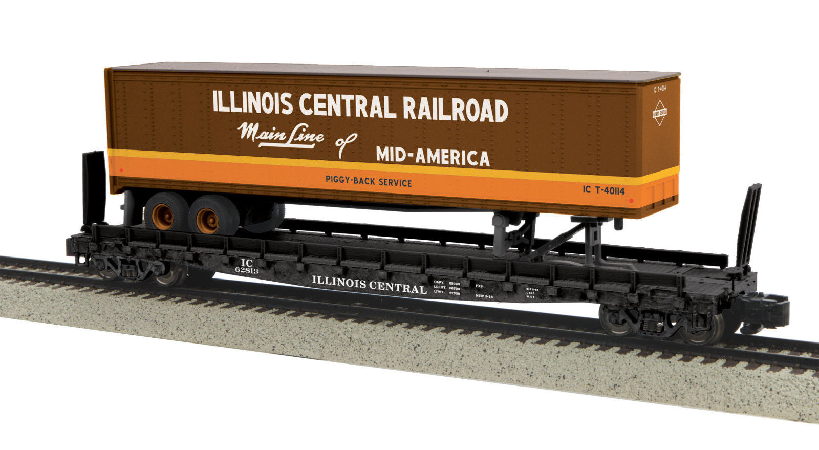 MTH 35-76009 S Illinois Central Flat Car w/48’ Trailer (Smooth) #62813