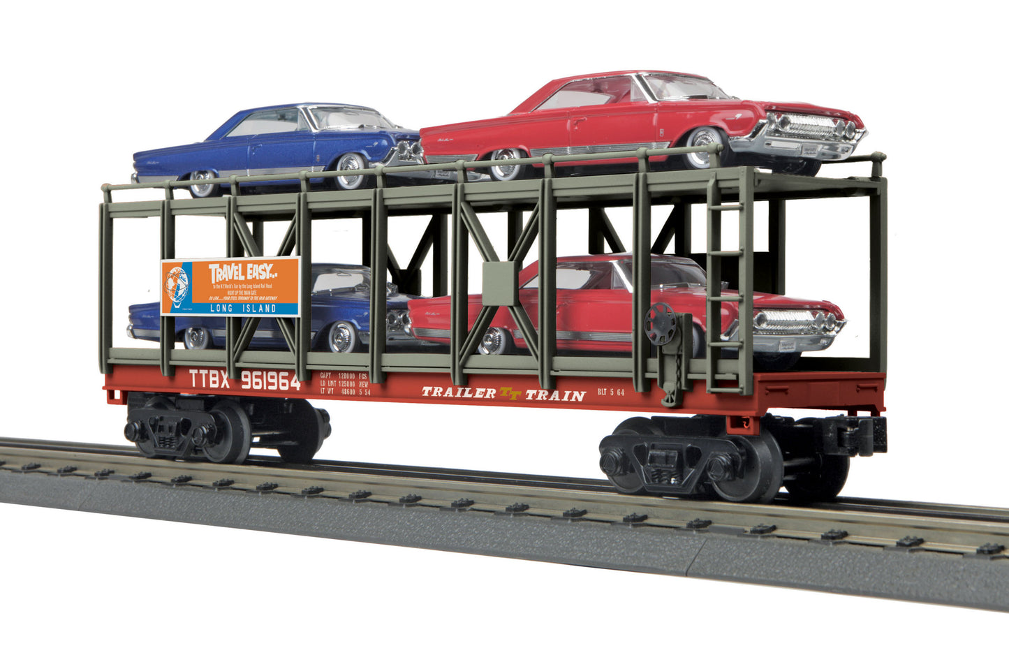 MTH 30-76643 O Long Island Auto Carrier Flat Car with 4 '64 Mercury Marauder