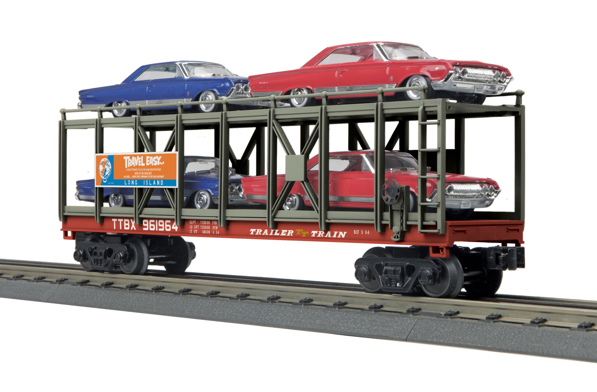 MTH 30-76643 O Long Island Auto Carrier Flat Car with 4 '64 Mercury Marauder