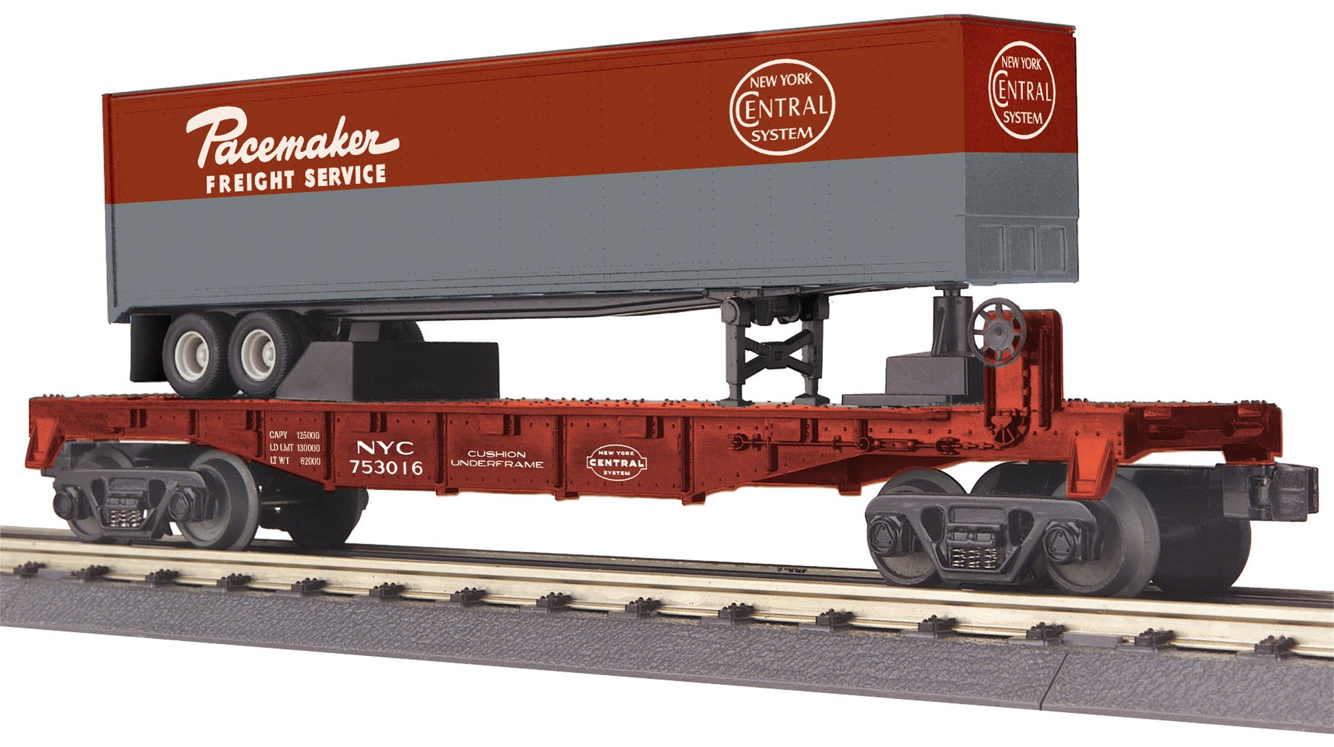 MTH 30-76662 O Gauge New York Central RailKing Flat Car with 40' Trailer