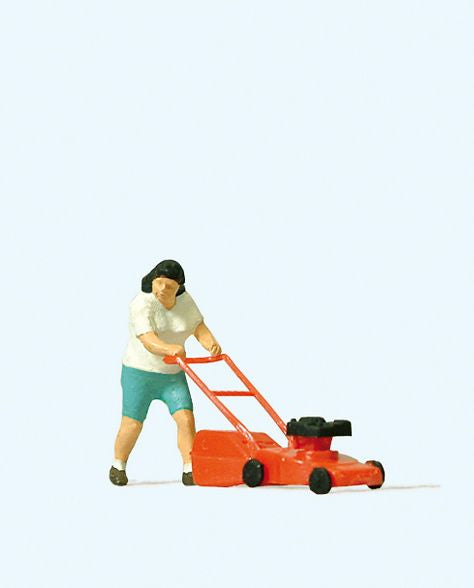 Preiser 28085 HO Scale Woman Mowing the Lawn
