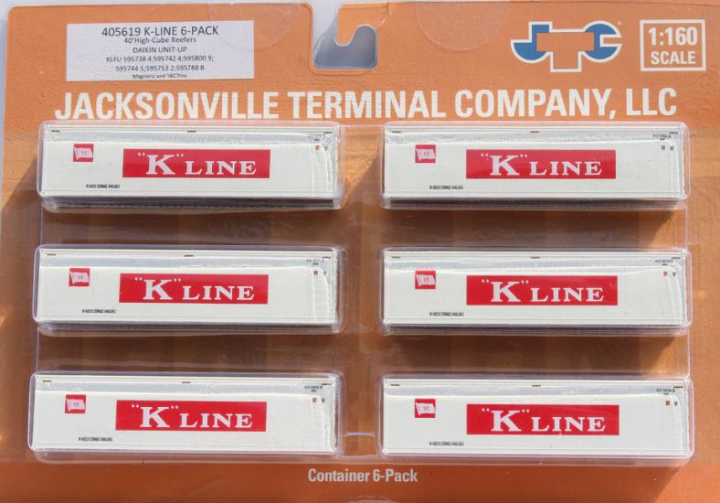 JTC Model Trains 405619 N K-Line 40' High Cube Reefer Containers (Set of 6)