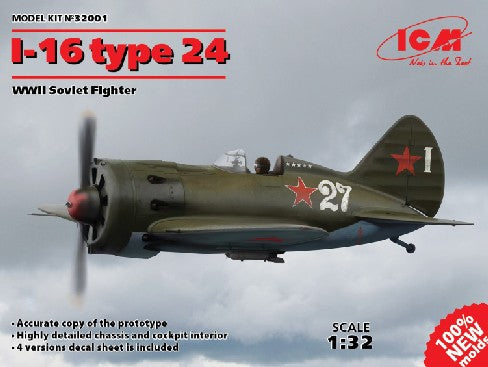 ICM 32001 1:32 WWII Soviet I16 Type 24 Fighter (New Tool) Military Plane Kit