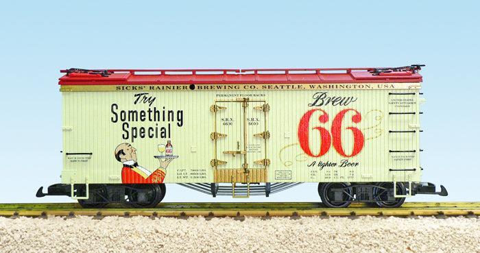 USA Trains R16470 G Brew 66 Beer Refrigerator Car (Cream/Red)