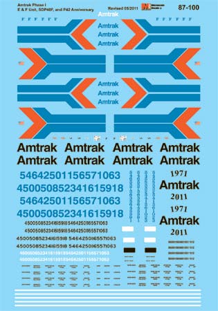 Microscale 87-100 HO 1971-1975 Amtrak Phase I - E, F, SDP40F Diesel Decal Sheet