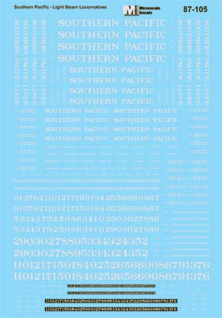 Microscale 87-105 HO Southern Pacific Light Steam Locomotives Decal Sheet