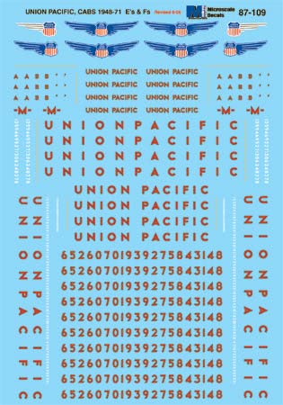 Microscale 87-109 HO 1948+ Union Pacific E and F-Unit Diesels Decal Sheet