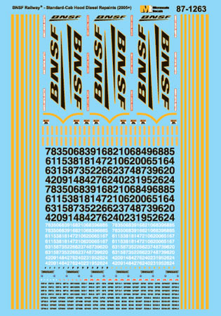 Microscale 87-1263 HO BNSF Standard Cab Hood Unit Waterslide Decal Sheet