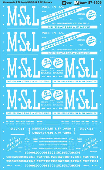 Microscale 87-1509 HO Minneapolis & St. Louis 40'' & 50'' Boxcars Decal Sheet