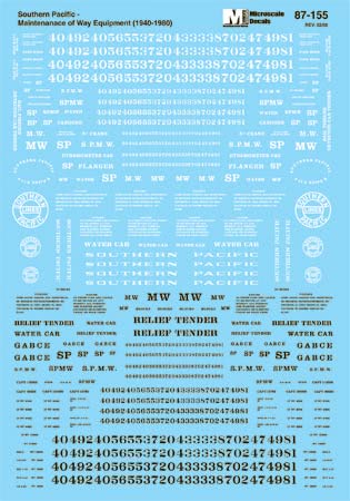 Microscale 87-155 HO Southern Pacific MOW Equipment Waterslide Decal Sheet