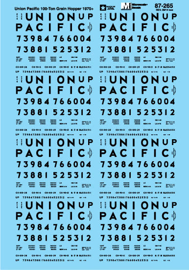 Microscale 87-265 HO 1970+ Union Pacific 100-ton Grain Hoppers Decal Sheet