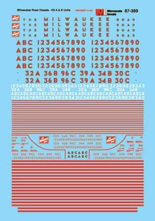 Microscale 87-389 HO Milwaukee E9A and E9B Diesel Decal Sheet