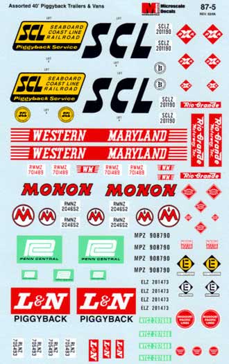 Microscale 87-5 HO Assorted 40'' Piggyback Vans Waterslide Decal Sheet